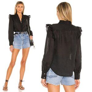 NEW Frame Lauren Ruffled Long Sleeve Button Down Black Sheer Blouse Top